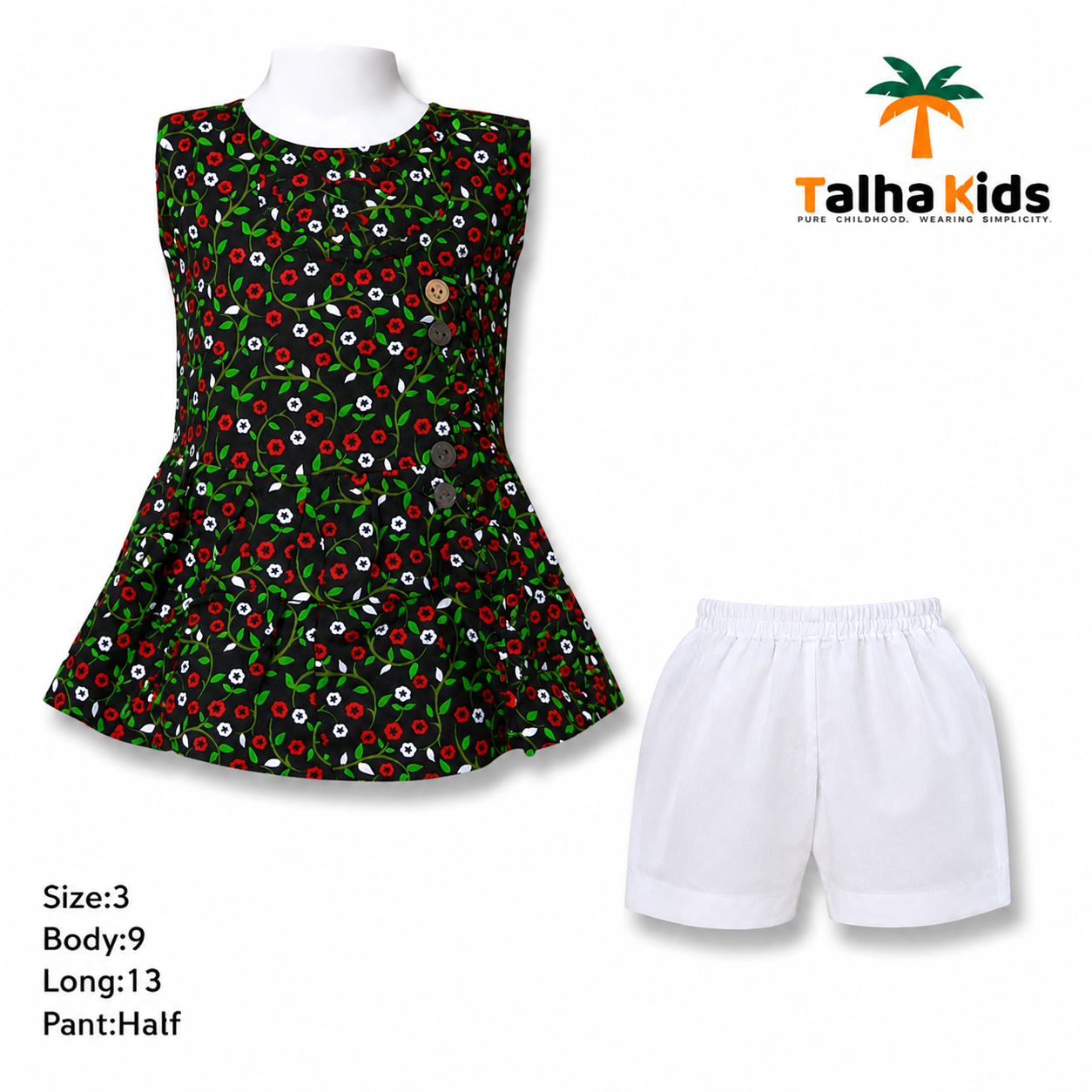 Girls Floral Printed Black Frock with White Half Pant