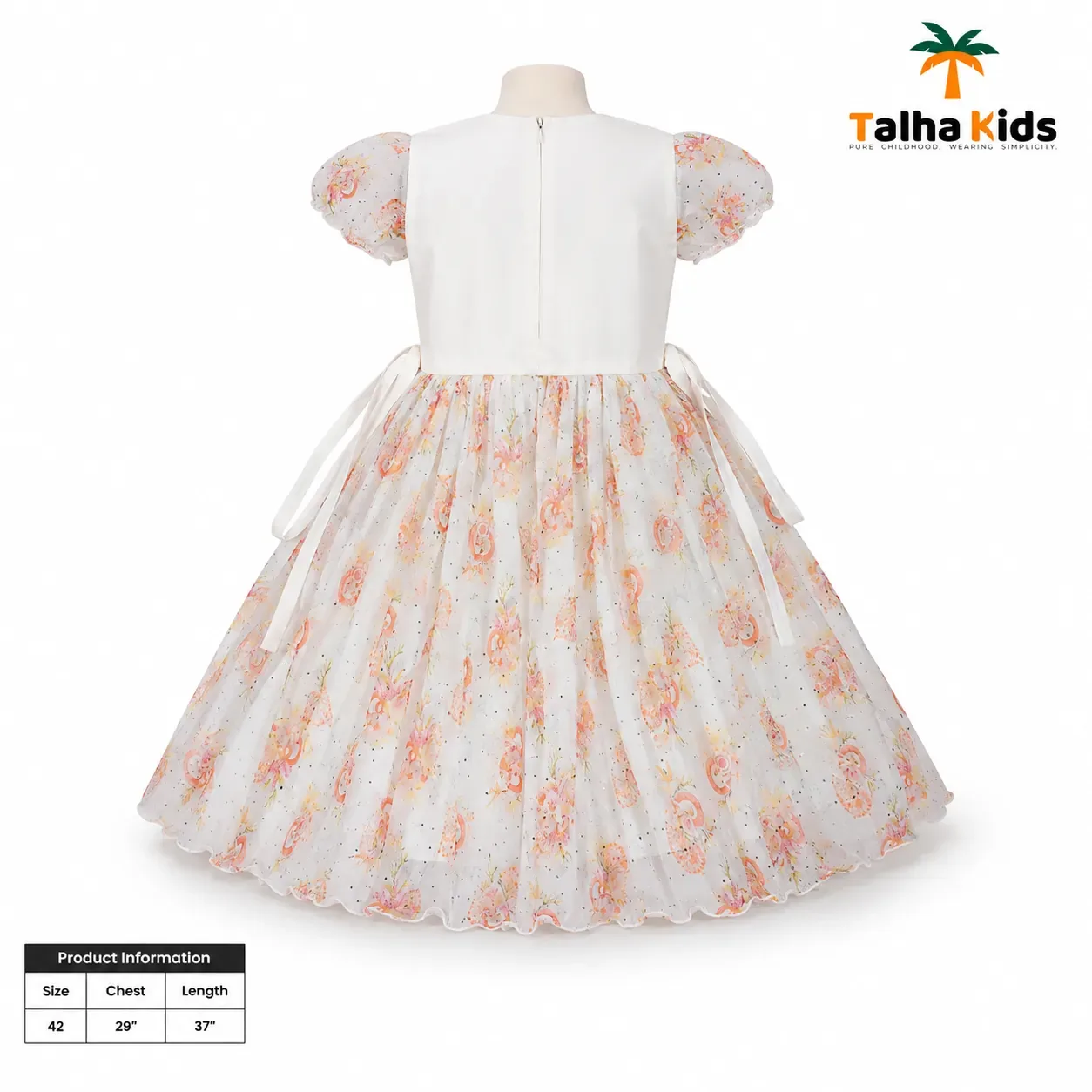 Girls Floral Printed Frock Dress with Puff Sleeves – Elegant Kids Party Dress