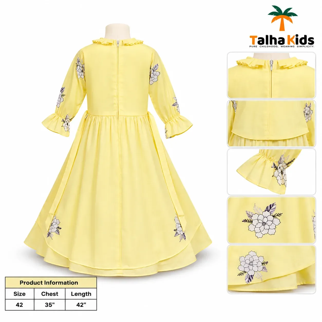 Pastel Yellow Floral Sleeve Long Dress for Girls