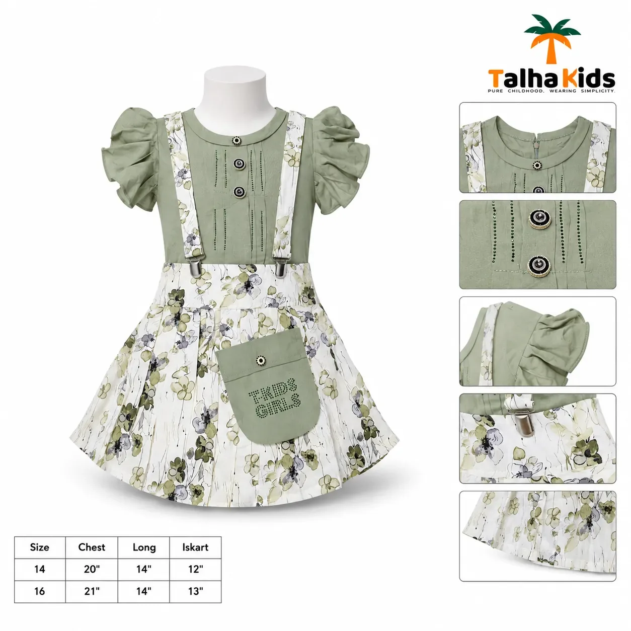 Girls’ Floral Suspender Frock Set – Puff Sleeve Dress with Matching Pouch