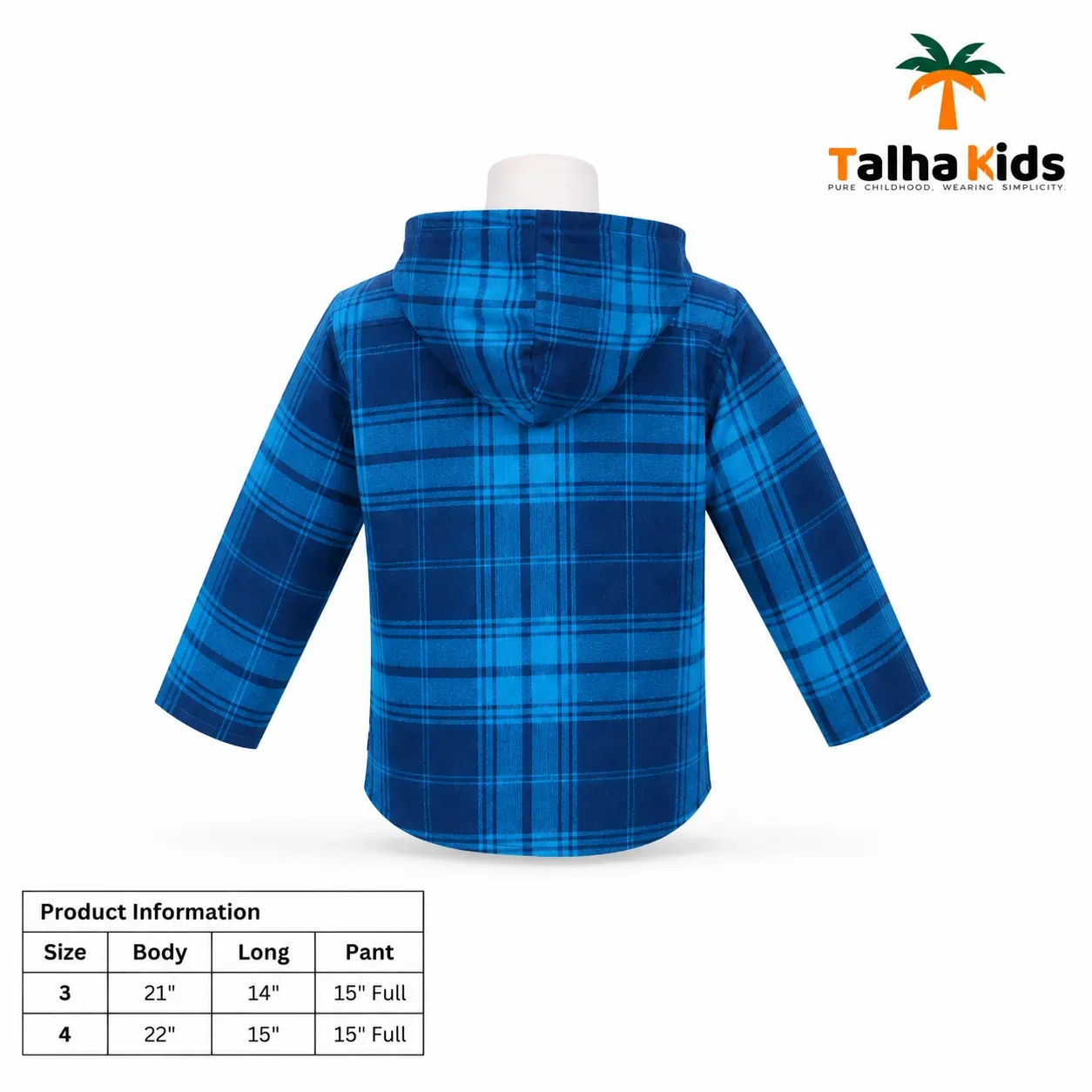 Kids Hooded Check Shirt – White & Blue