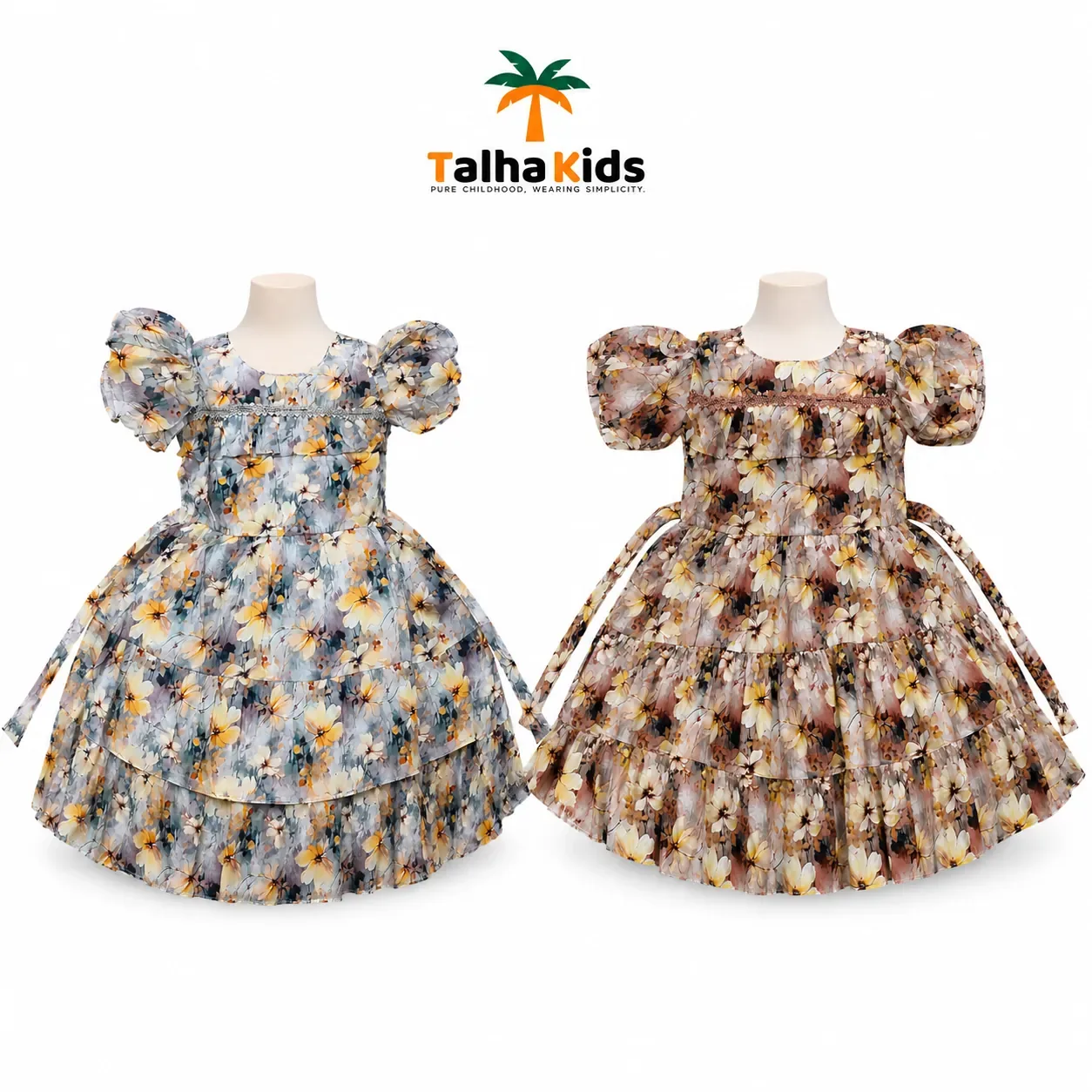 Alams Baby Wear Girls Floral Printed Tiered Frock – Puff Sleeve Party Dress