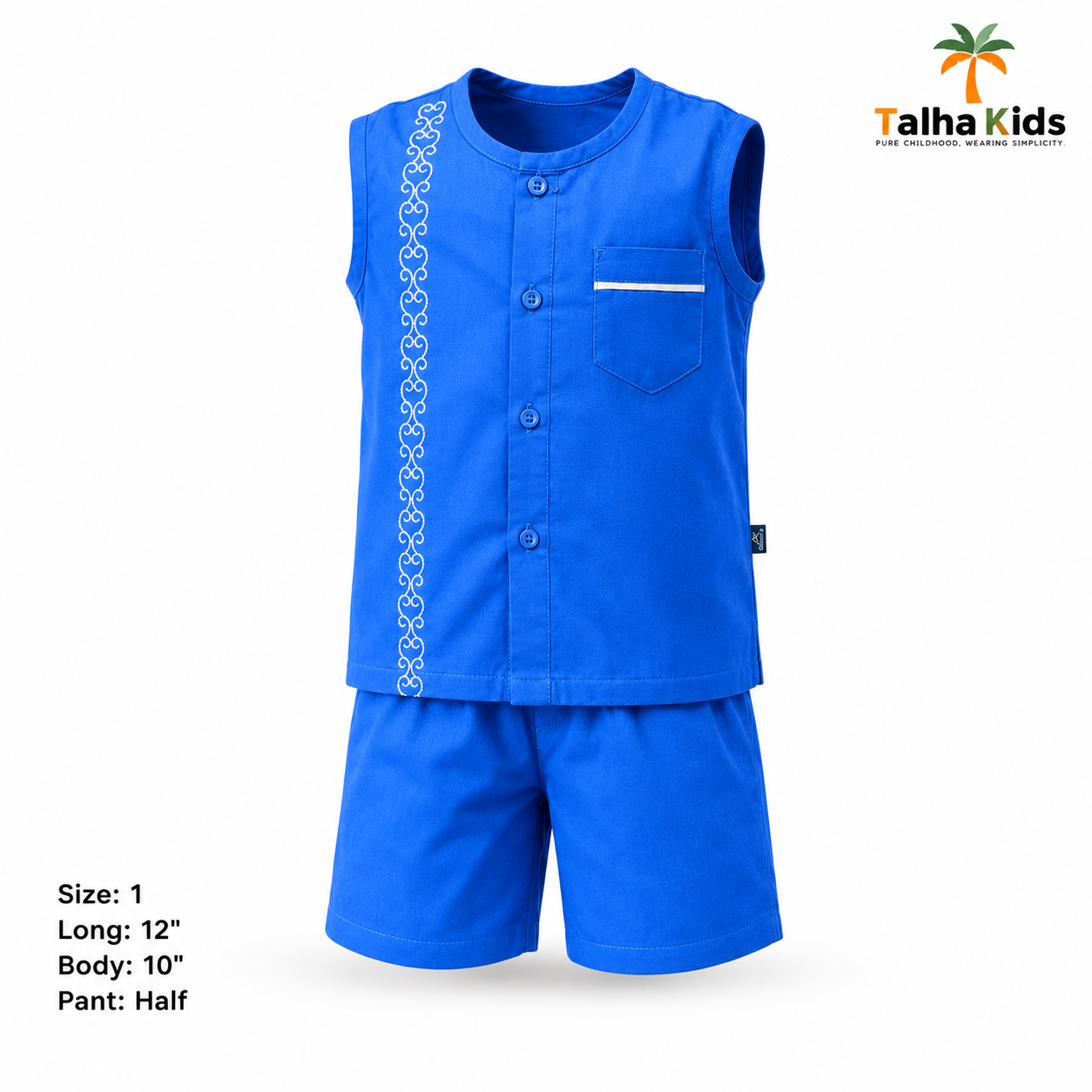 Royal Blue Embroidered Sleeveless Fotua & Half Pant Set - Talha Kids
