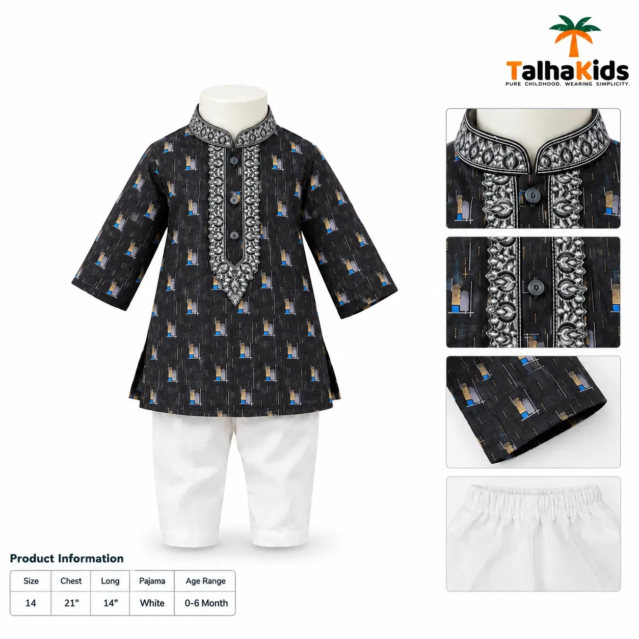 Baby Boys' Panjabi & Pajama Set – Printed Panjabi with Decorative Collar and Front Detail