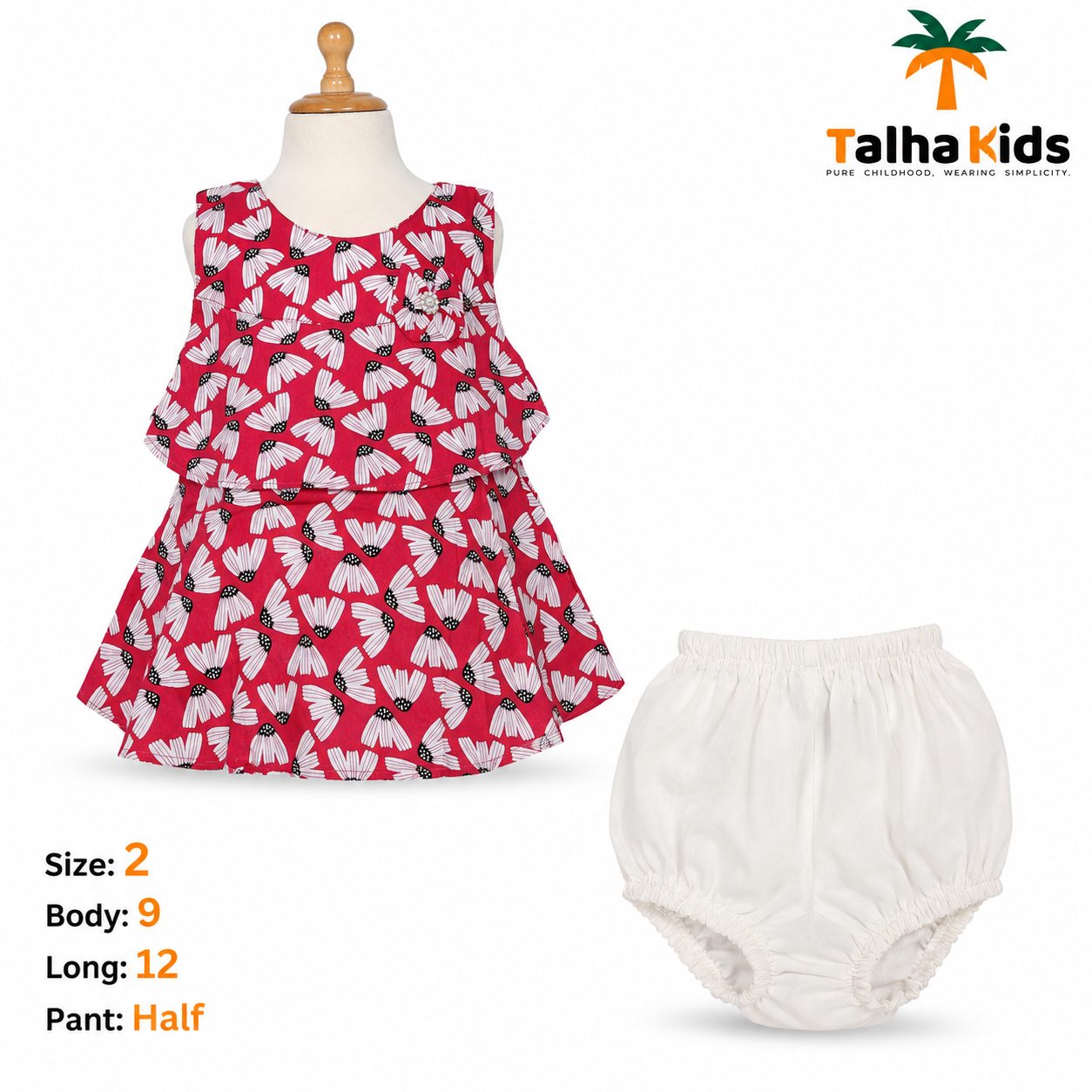 Red Floral Printed Girls Frock with White Half Pant