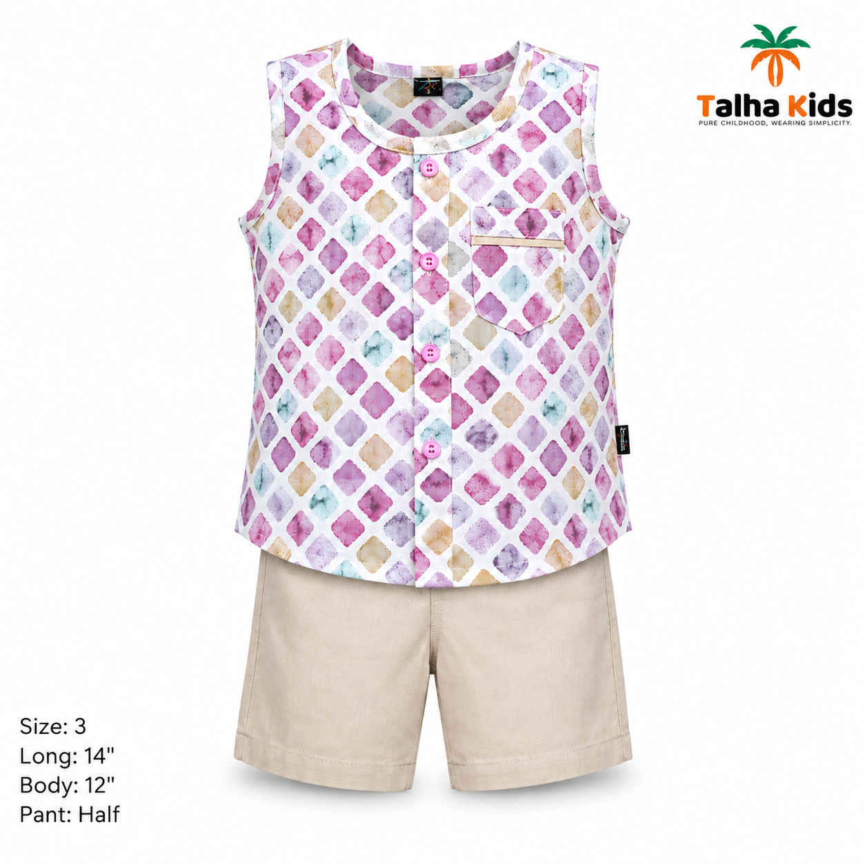 Alams Boys Pastel Diamond Print Sleeveless Fotua & Half Pant Set, Talha Kids
