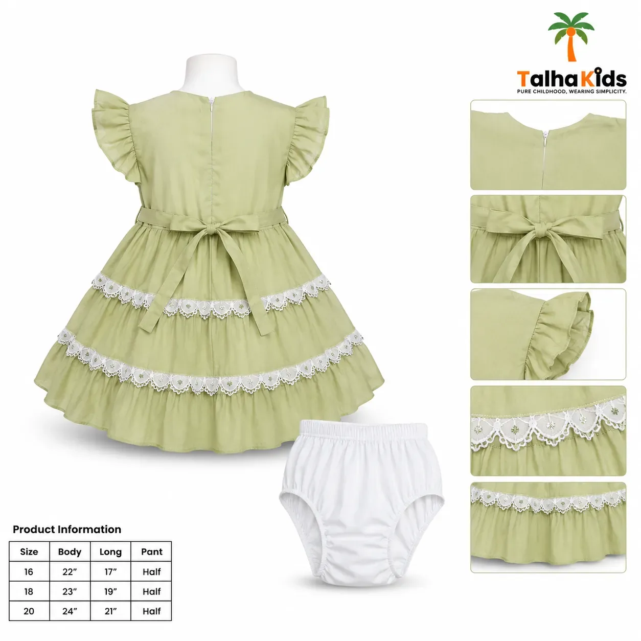 Girls’ Pistachio Green Embroidered Frock with White Bloomer