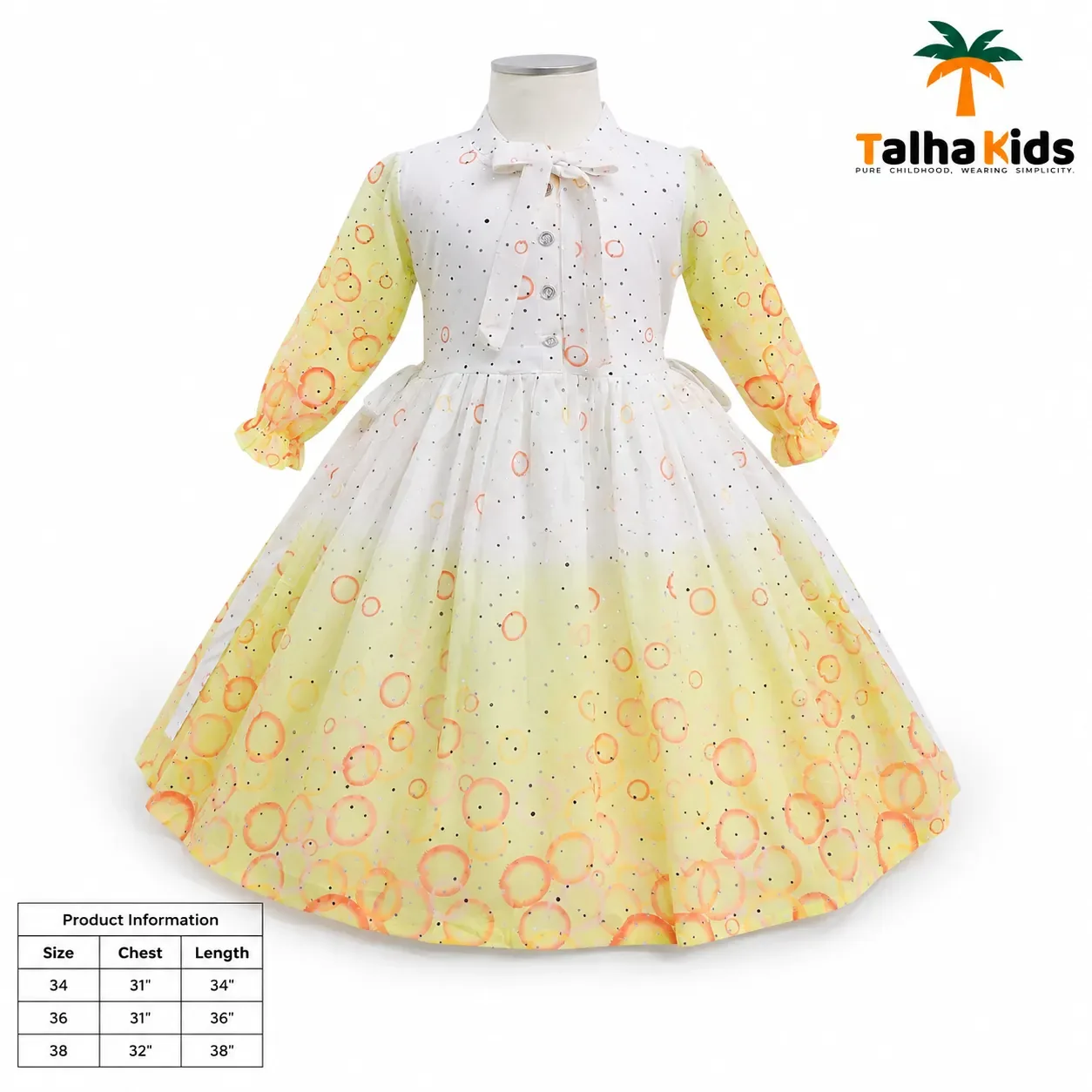 Girls’ Printed Full-Sleeve Party Frock – Yellow, Peach & Pink Color Variants
