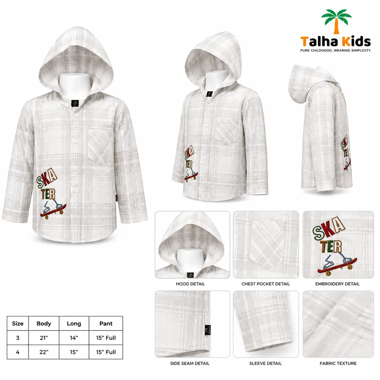 Kids Hooded Check Shirt – White & Blue