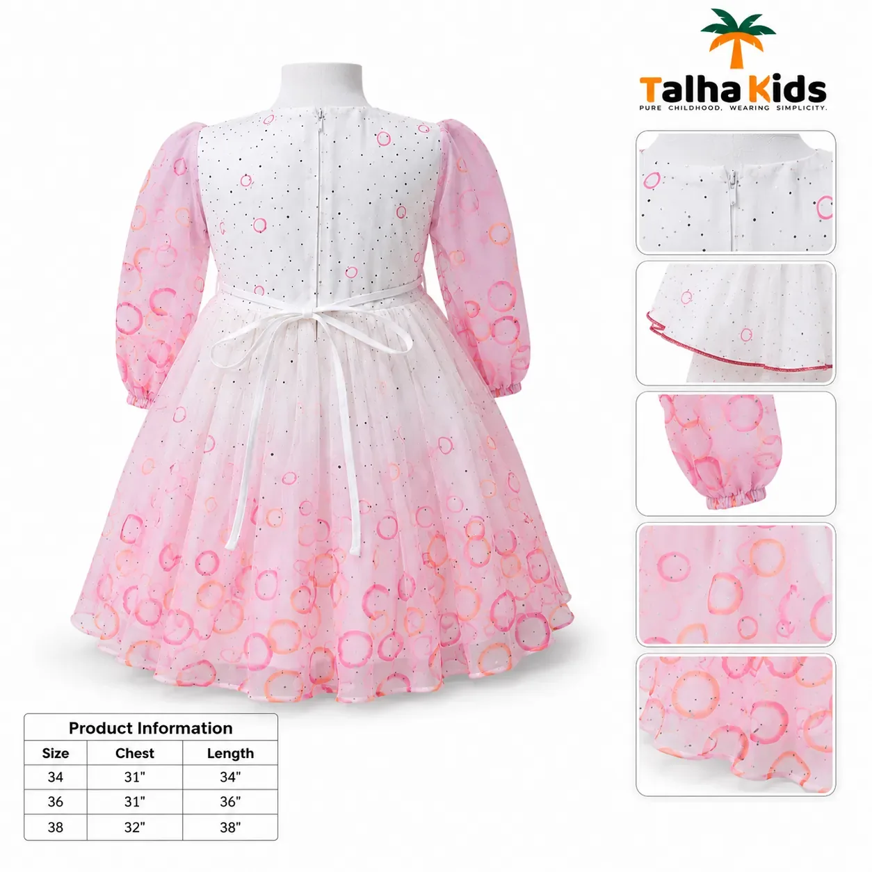 Girls’ Printed Full-Sleeve Party Frock – Yellow, Peach & Pink Color Variants