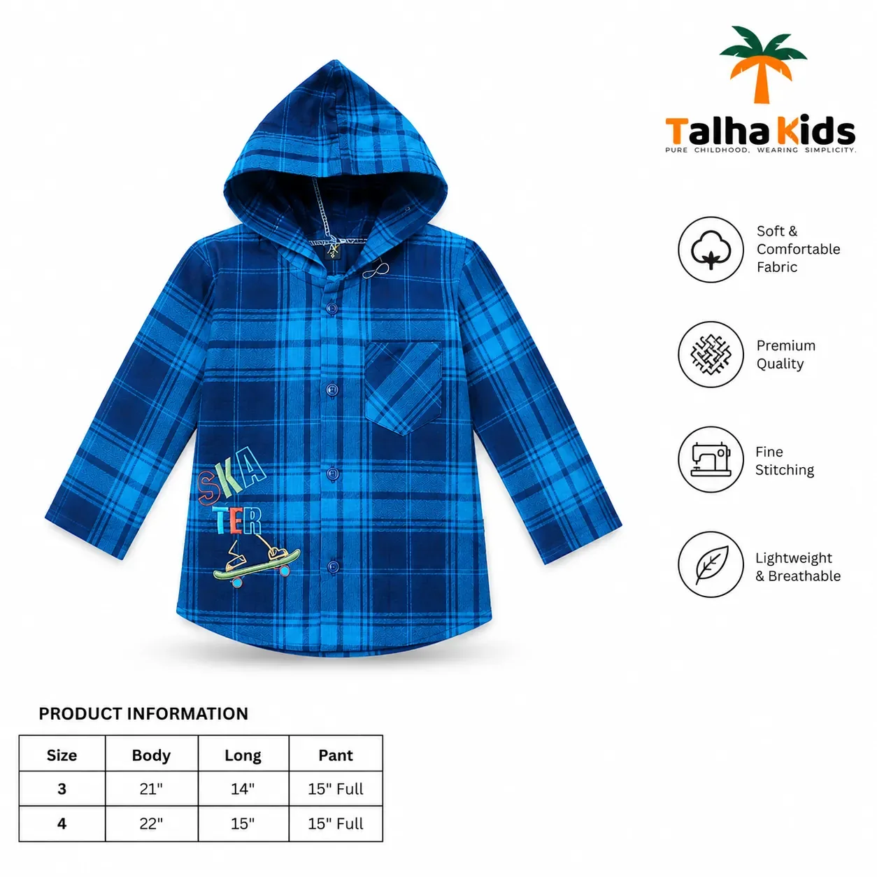 Kids Hooded Check Shirt – White & Blue