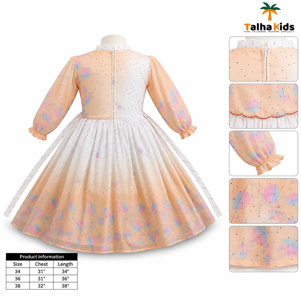 Girls’ Pastel Printed Long-Sleeve Frock – Full Flare Party