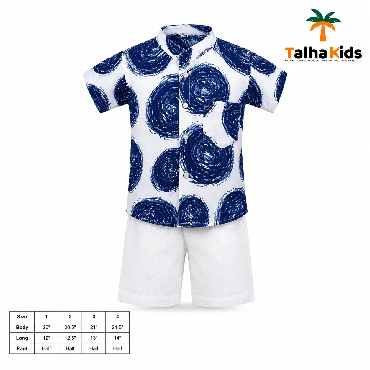 Boys Navy Blue Printed Fotua Set with Half Pant
