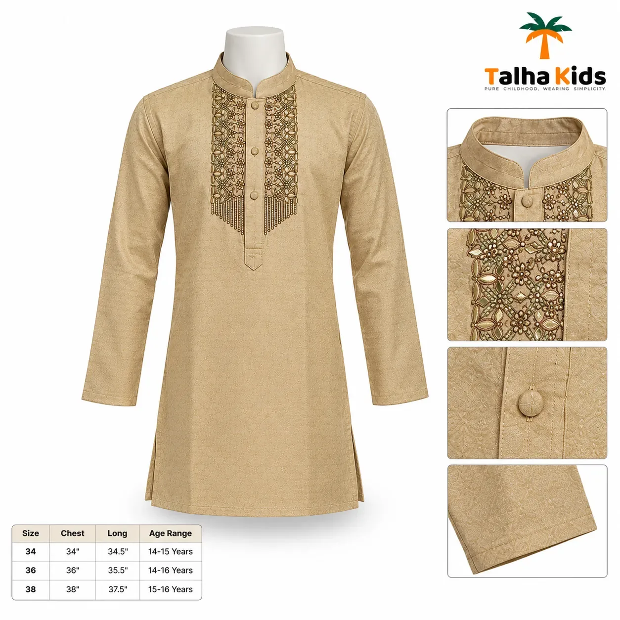 Talha Kids Boys' Panjabi – Embroidered Front Detail – 14–16 Years