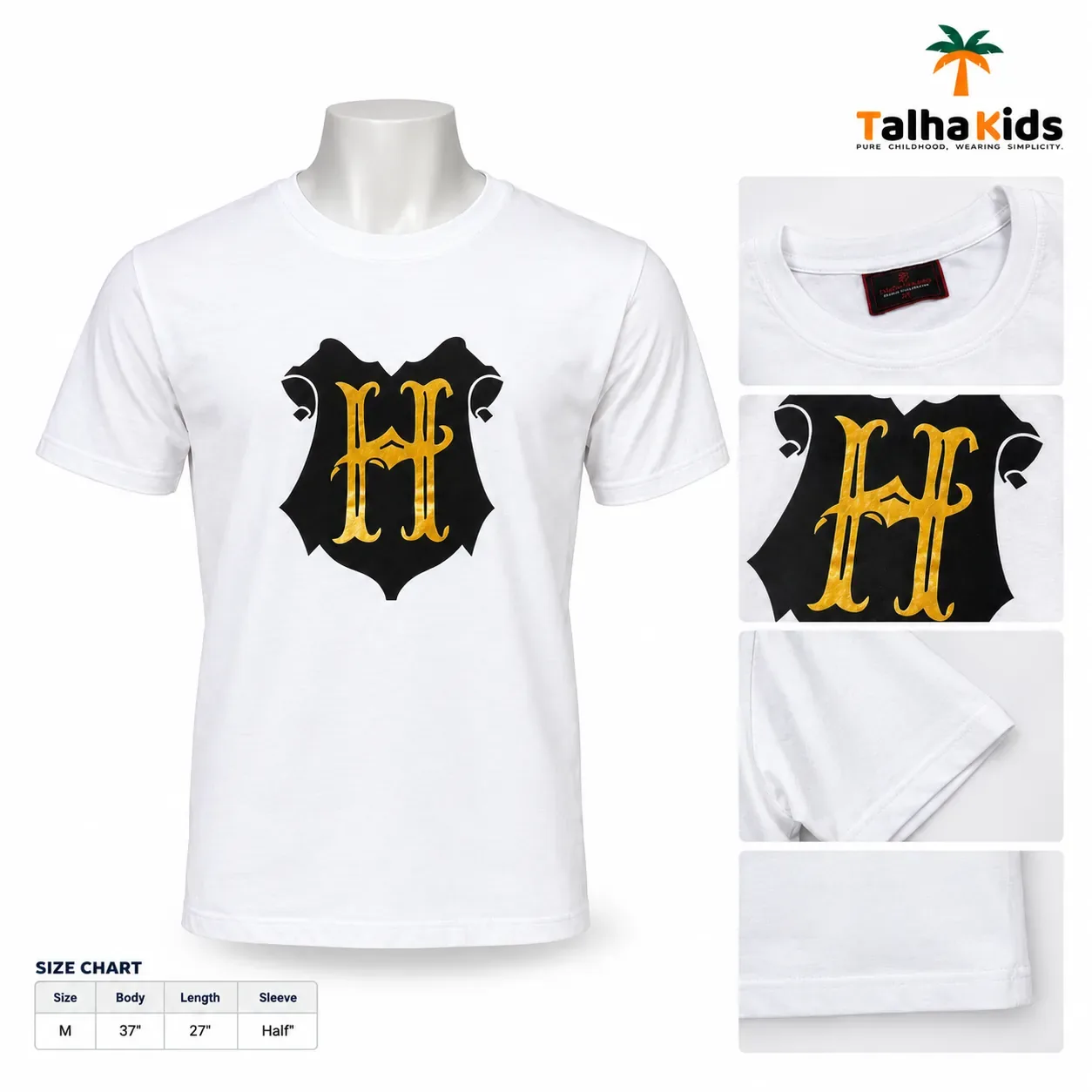 Boys' White T-Shirt – Black & Gold Graphic Print