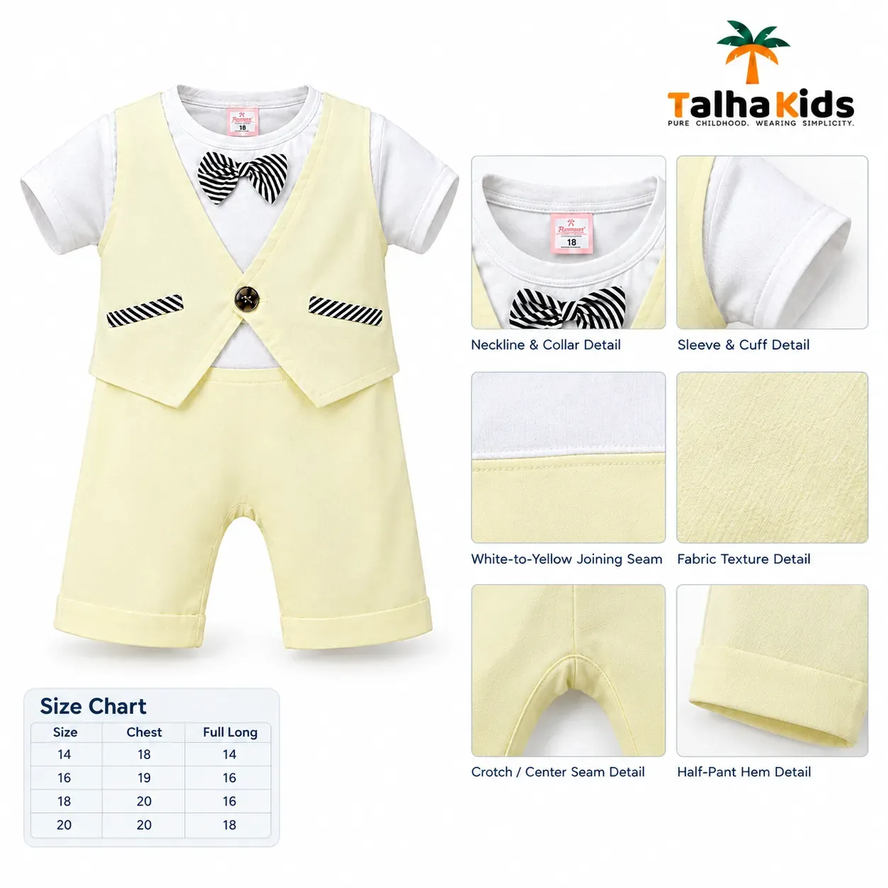 Talha Kids Boys Vest Style Romper Set with Bow Tie – Pastel Colors