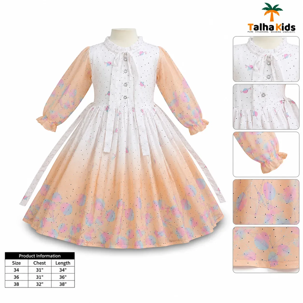 Girls’ Pastel Printed Long-Sleeve Frock – Full Flare Party