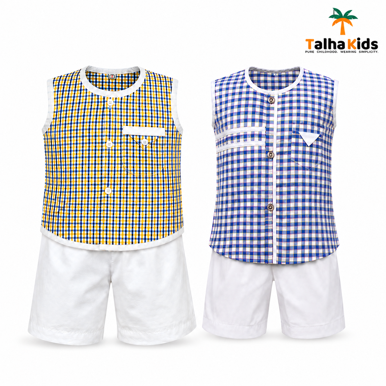 Boys' Checked Sleeveless Fotua Set with White Half Pant | Talha Kids