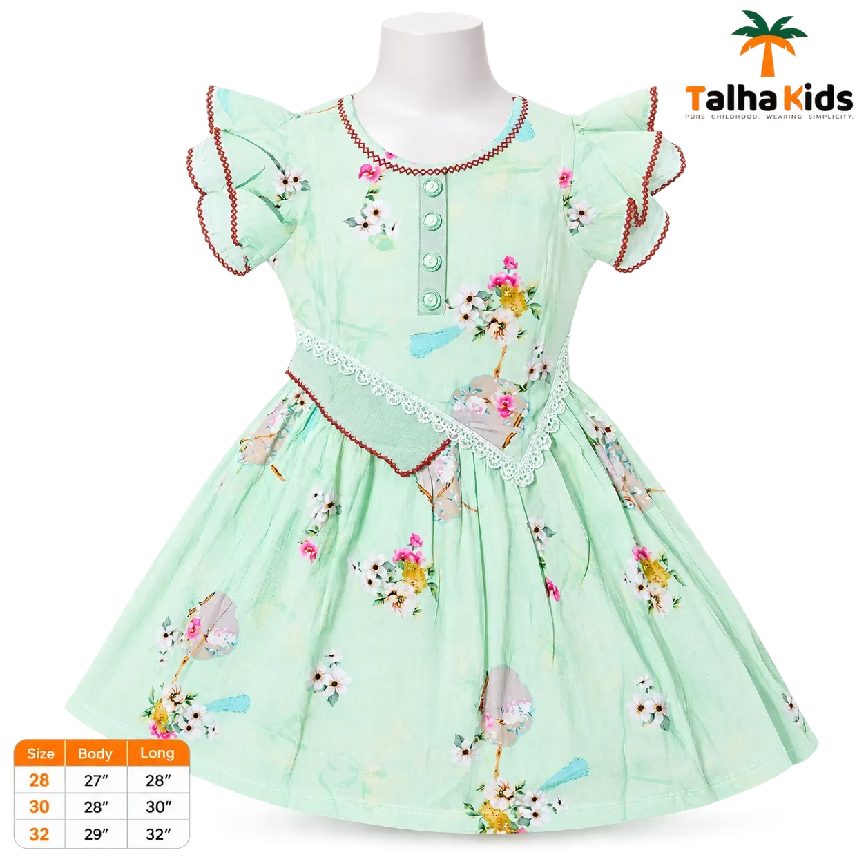 Talha Kids Floral Printed Girls Dress with Lace Detail