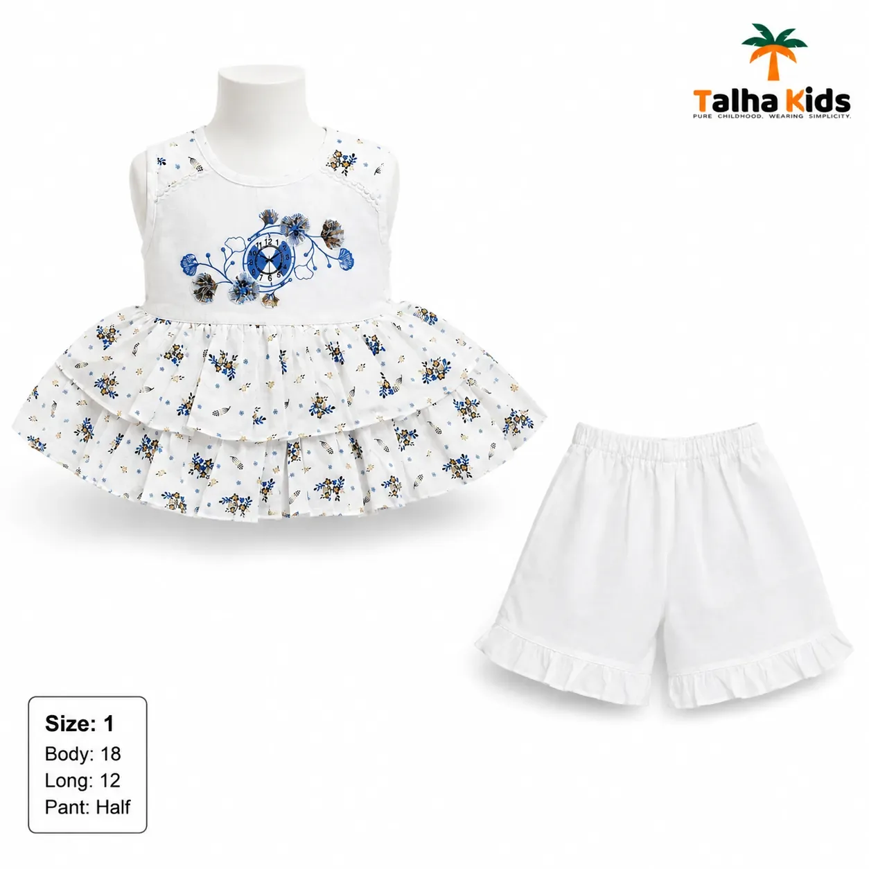 Girls’ Floral Embroidered Ruffle Frock with Half Pant Set
