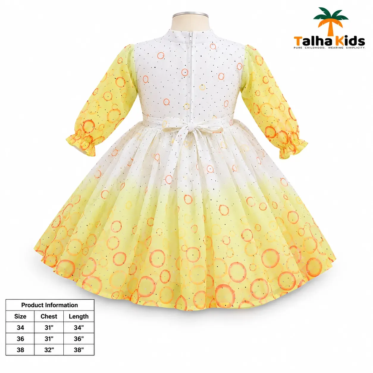 Girls’ Printed Full-Sleeve Party Frock – Yellow, Peach & Pink Color Variants