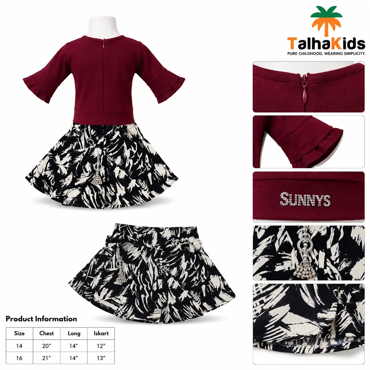 Girls’ Floral Embellished Top with Black & Cream Printed Skirt Set – 3 Colors