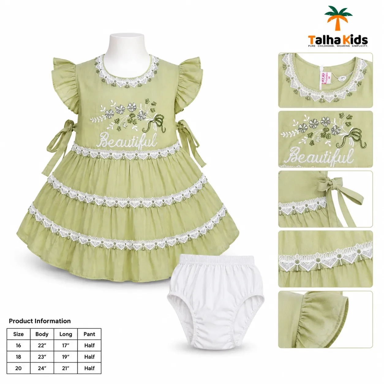 Girls’ Pistachio Green Embroidered Frock with White Bloomer