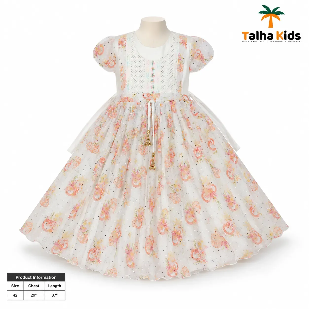 Girls Floral Printed Frock Dress with Puff Sleeves – Elegant Kids Party Dress