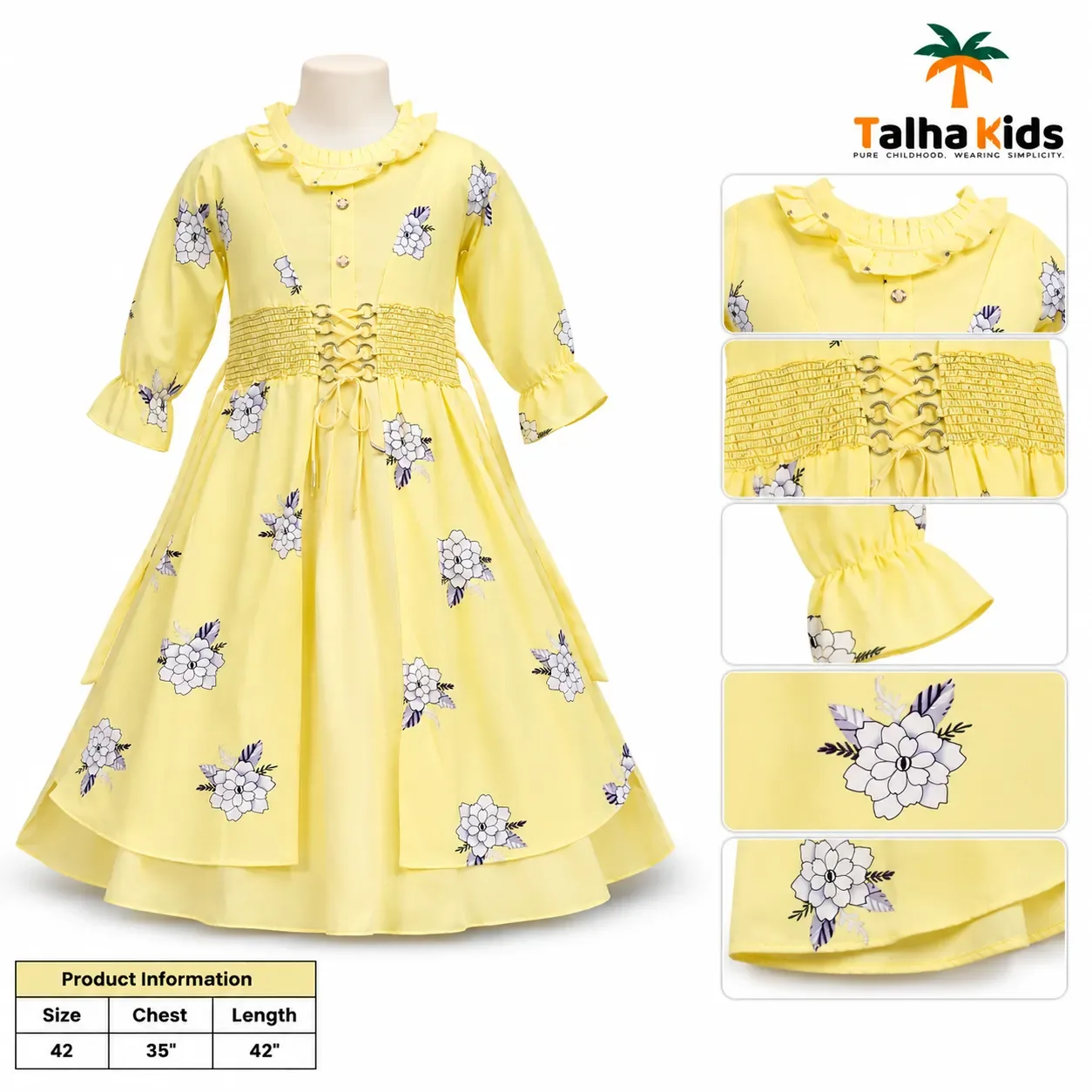 Pastel Yellow Floral Sleeve Long Dress for Girls