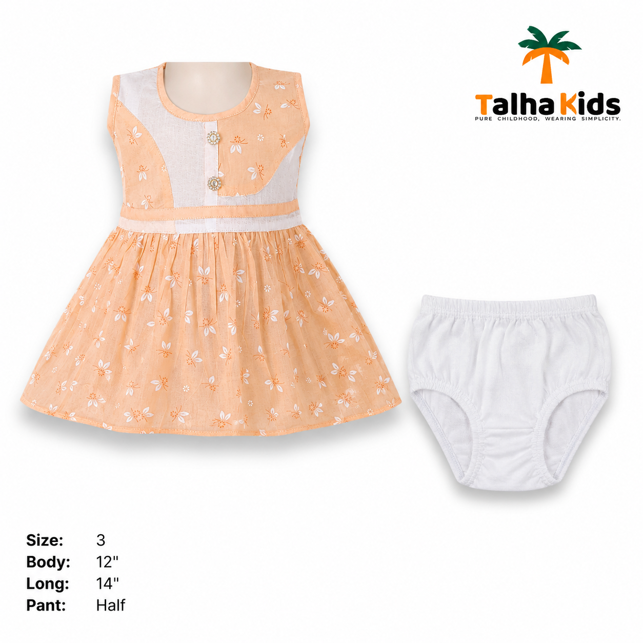 Peach Floral Printed Girls Frock with Matching Half Pant – Size 3