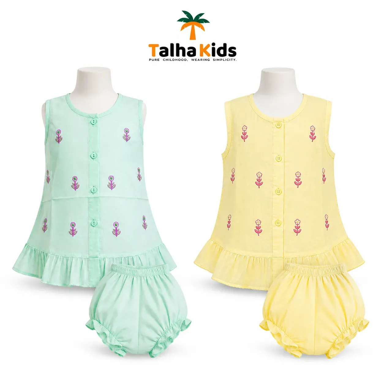 Talha Kids Floral Embroidered Sleeveless Frock & Half Pant Set