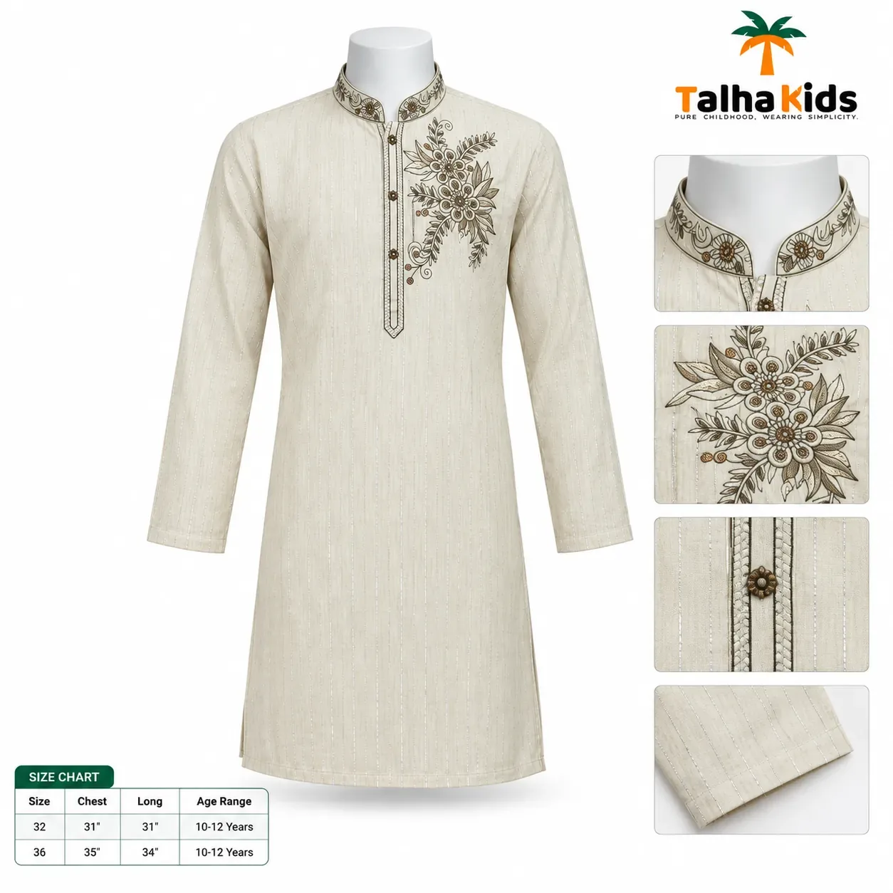 Talha Kids Boys' Panjabi – Embroidered Collar & Front Detail