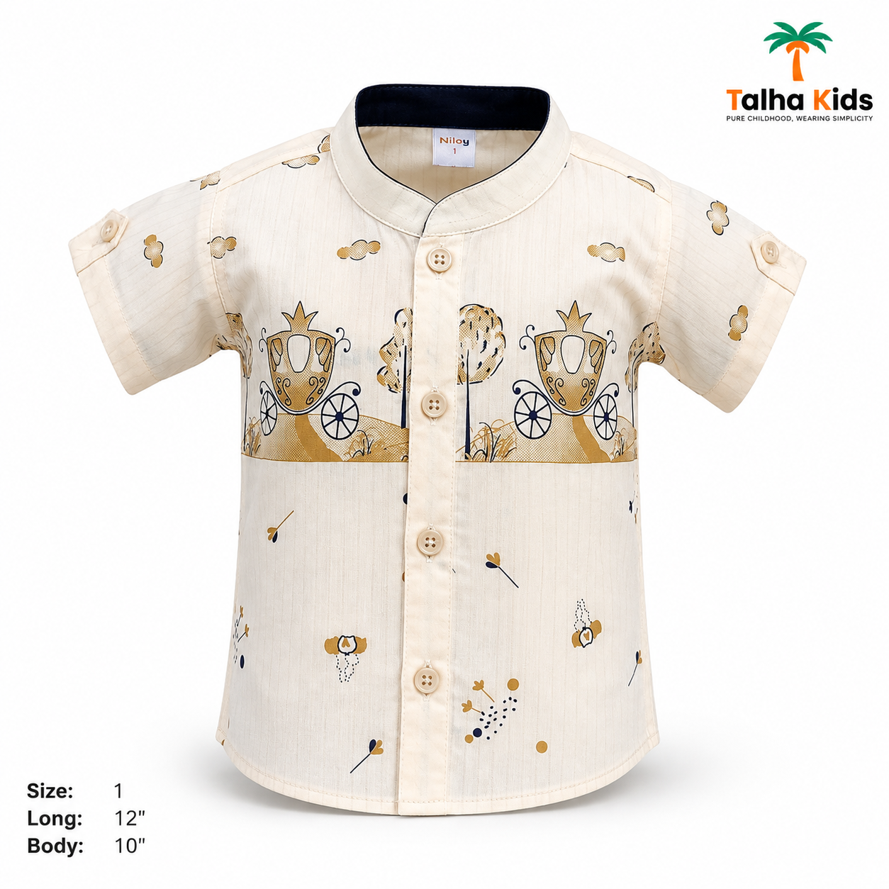 Boys Cream Carriage Print Half Sleeve Fotua & Navy Half Pant Set – Size 1