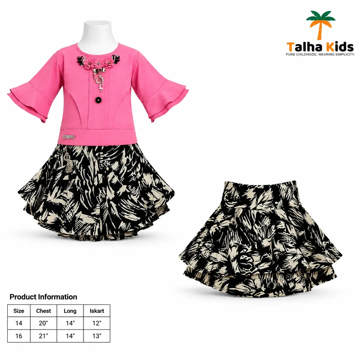 Girls’ Floral Embellished Top with Black & Cream Printed Skirt Set – 3 Colors