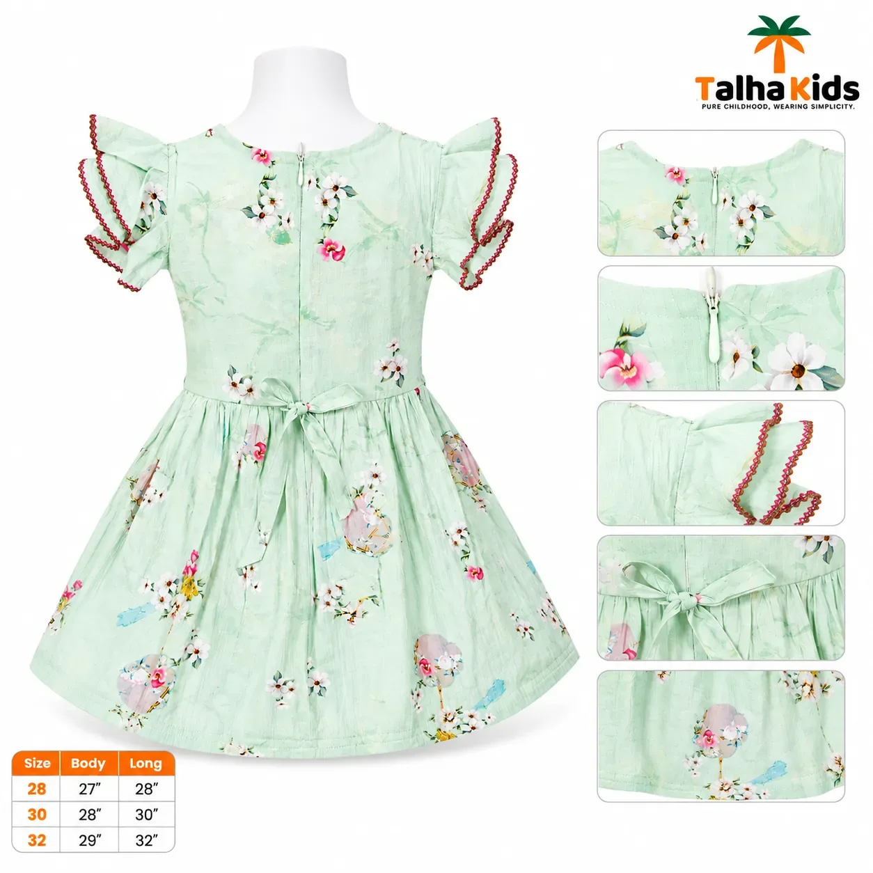 Talha Kids Floral Printed Girls Dress with Lace Detail