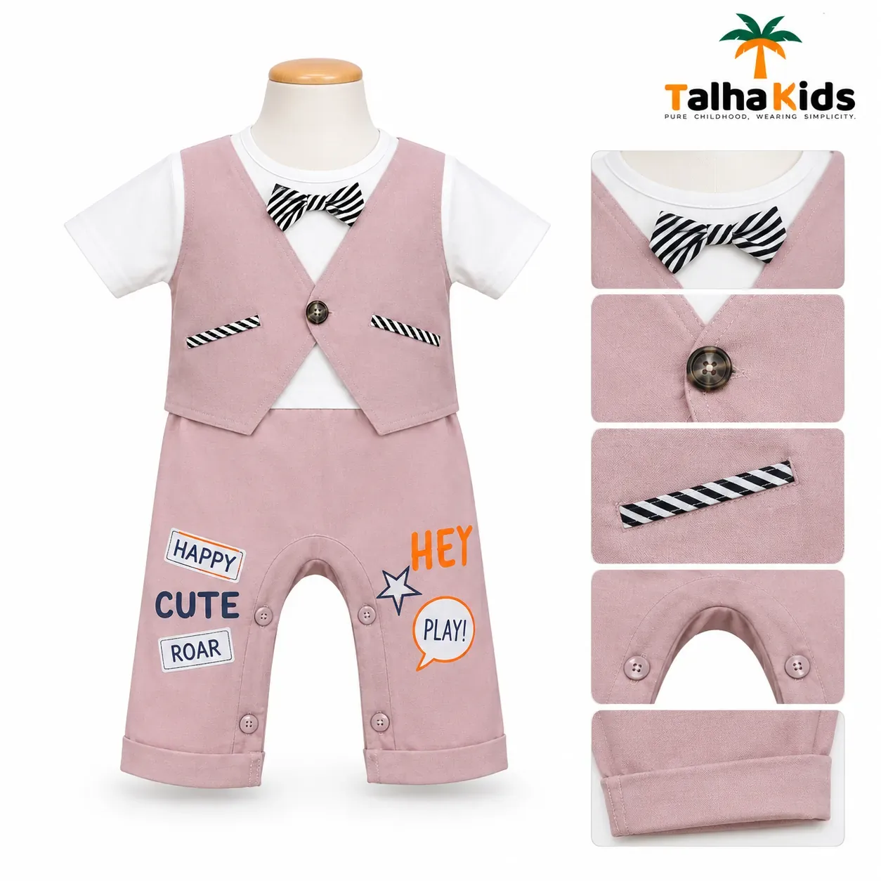 Talha Kids Boys Vest Style Romper Set with Bow Tie – Pastel Colors