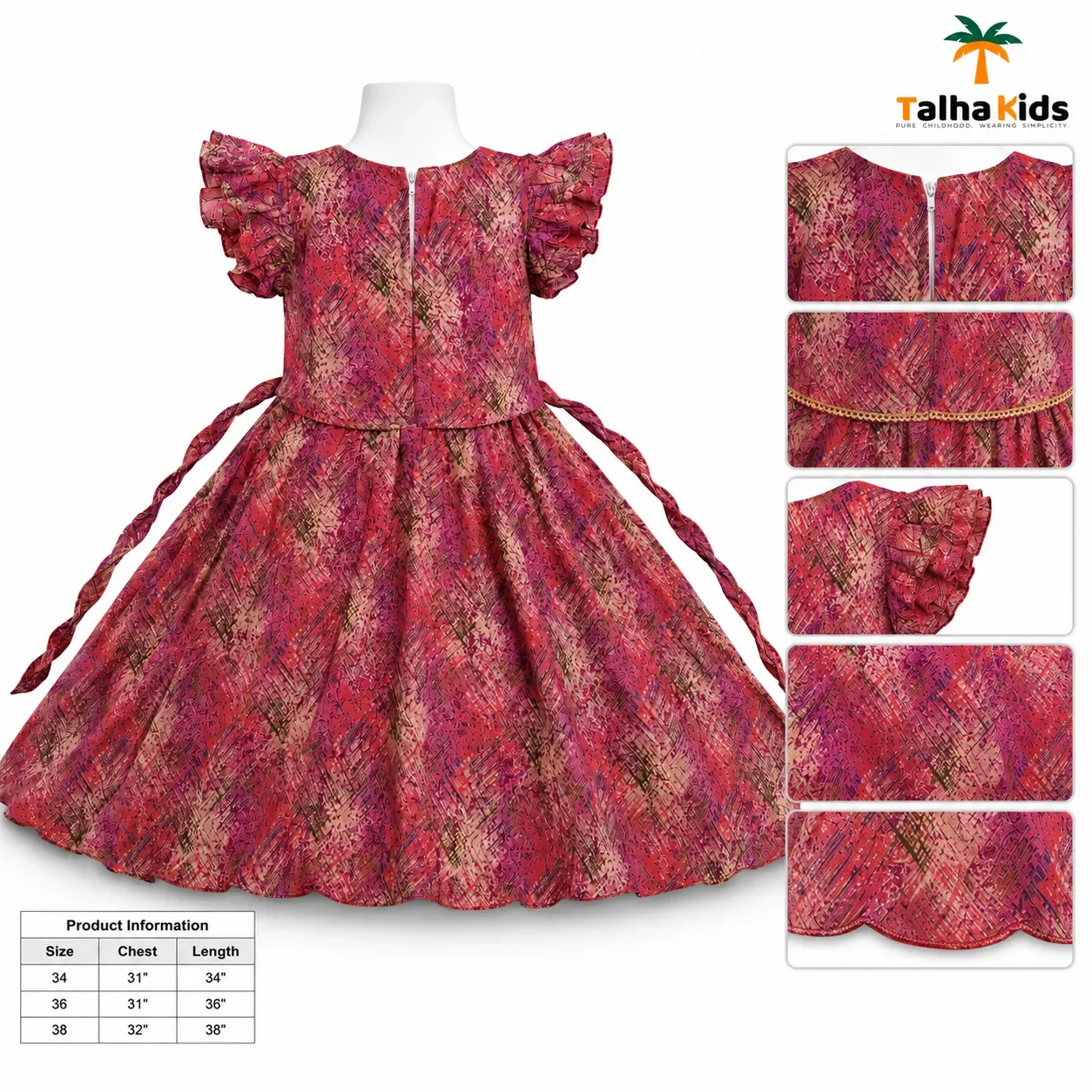 Alams Girls Printed Flutter Sleeve Frock – Mauve & Red