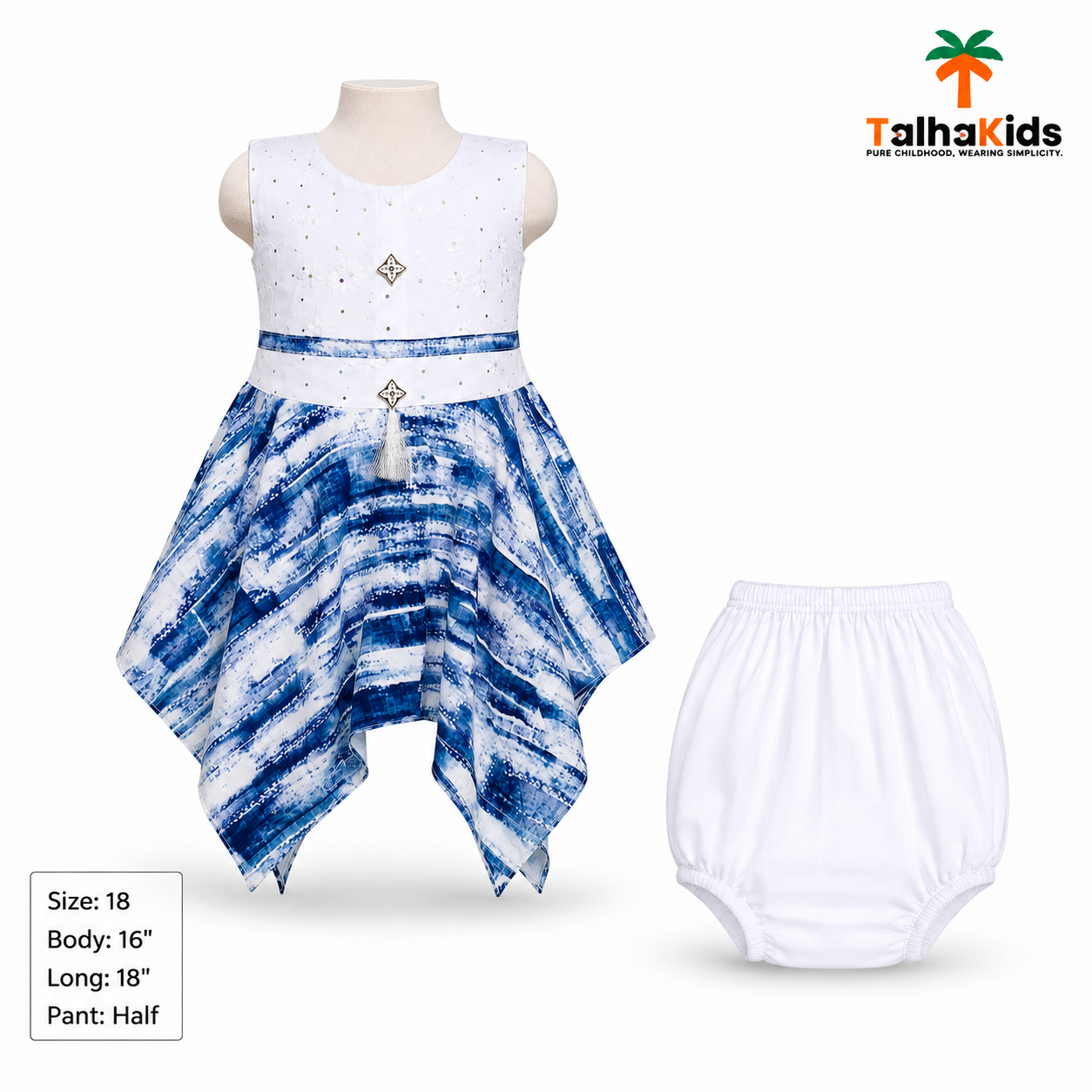White & Blue Floral Party Wear Baby Girl Frock with Half Pant