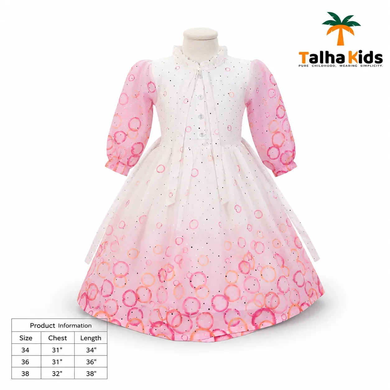 Girls’ Printed Full-Sleeve Party Frock – Yellow, Peach & Pink Color Variants