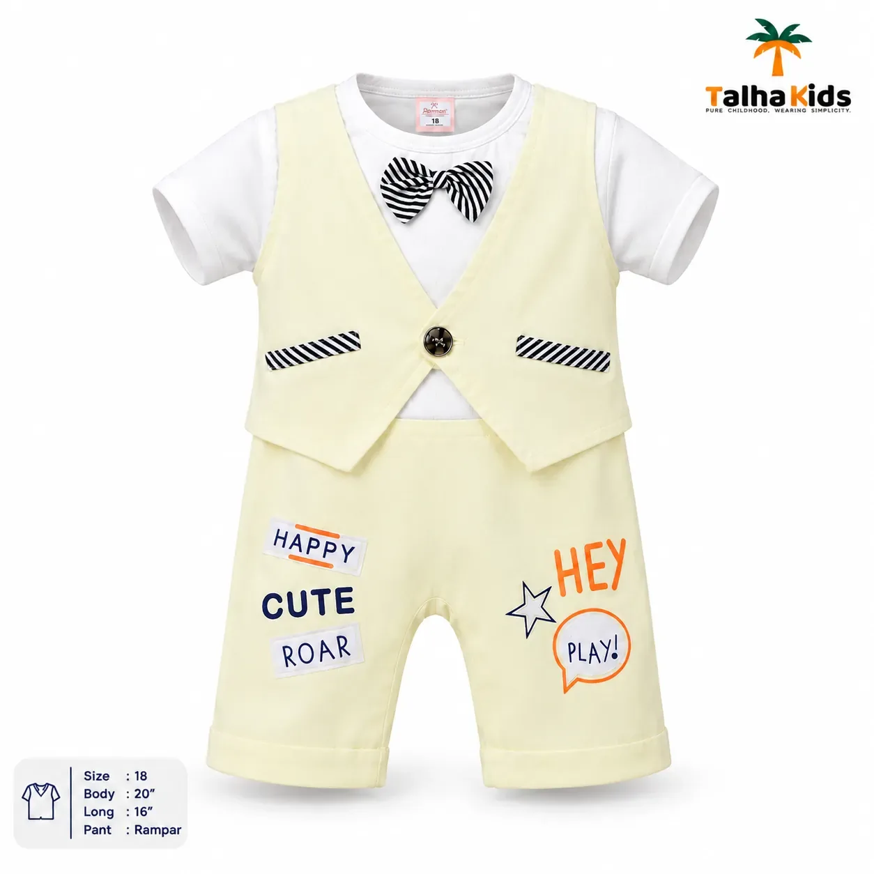 Talha Kids Boys Vest Style Romper Set with Bow Tie – Pastel Colors