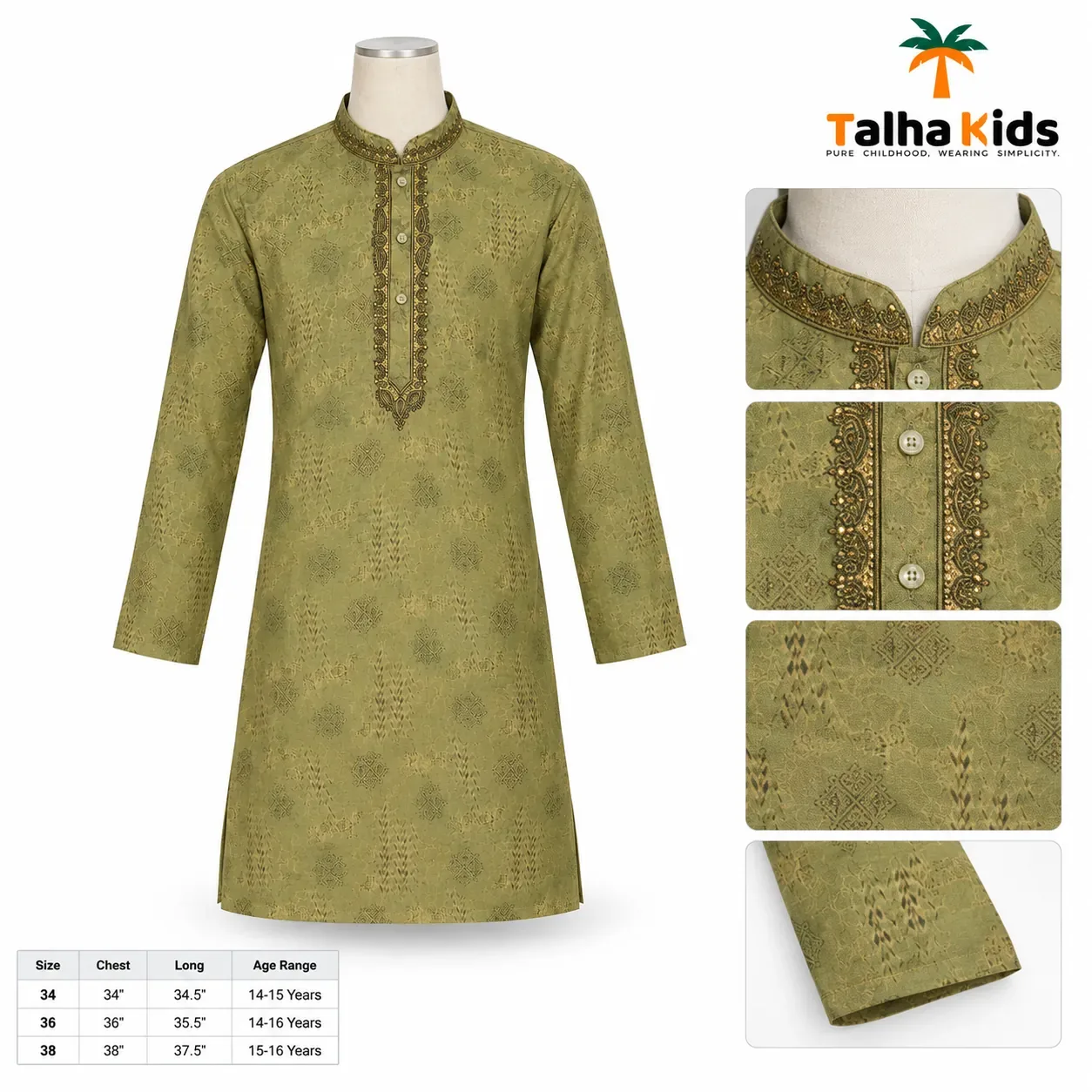 Talha Kids Boys' Panjabi – Patterned with Embroidered Front – 14–16 Years