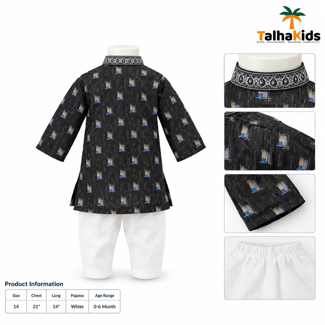 Baby Boys' Panjabi & Pajama Set – Printed Panjabi with Decorative Collar and Front Detail