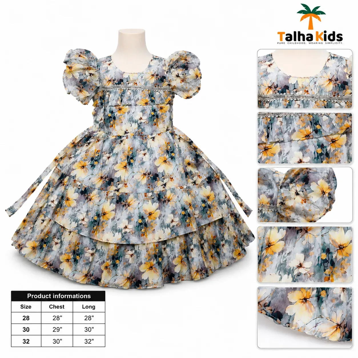 Alams Baby Wear Girls Floral Printed Tiered Frock – Puff Sleeve Party Dress