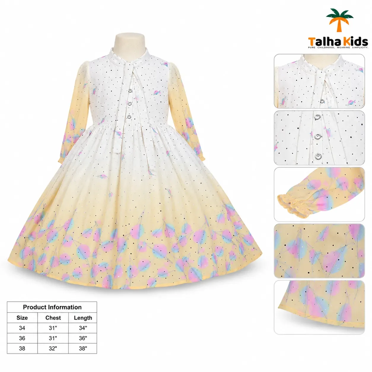 Girls’ Pastel Printed Long-Sleeve Frock – Full Flare Party