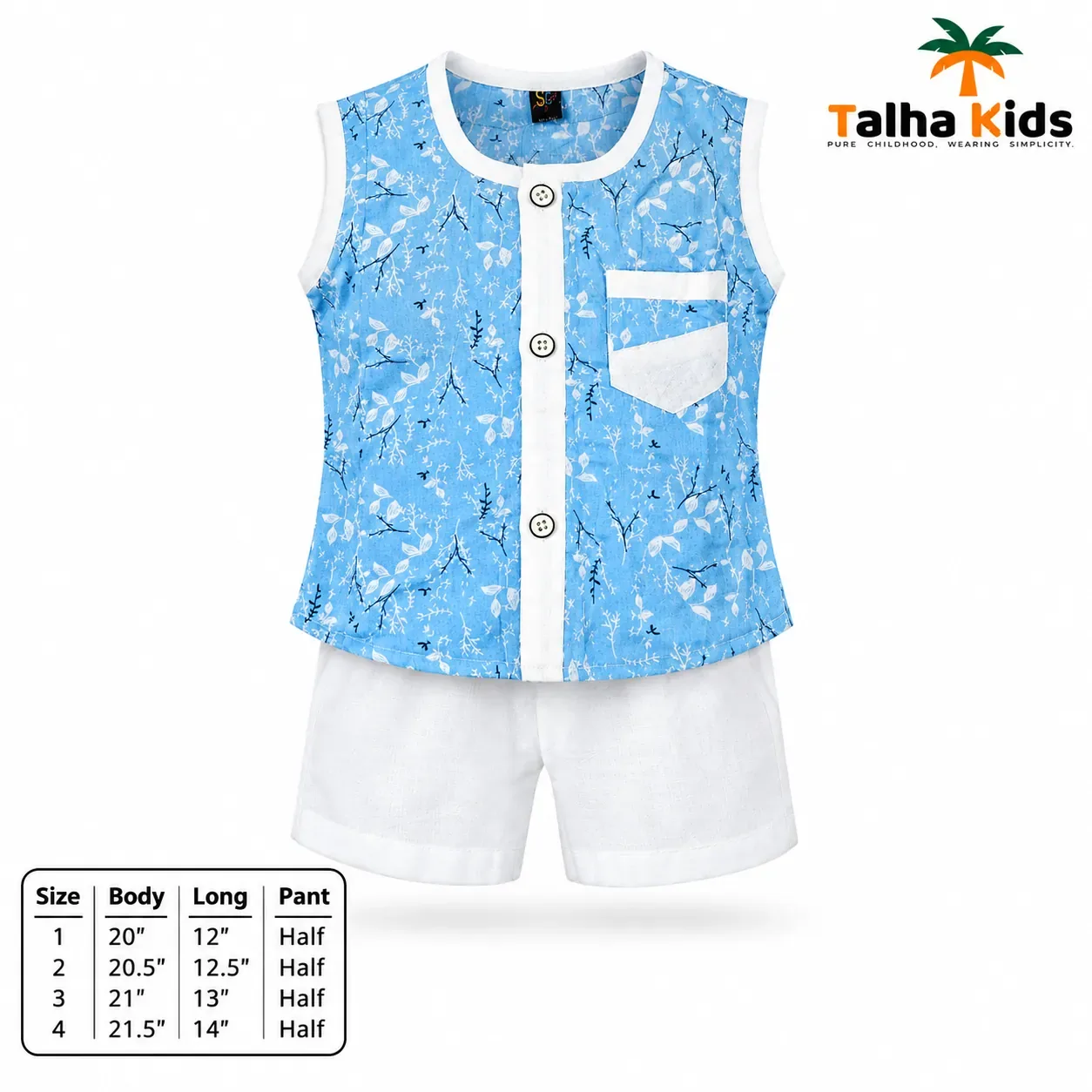 Boys’ Sky Blue Printed Fotua Set with Half Pant