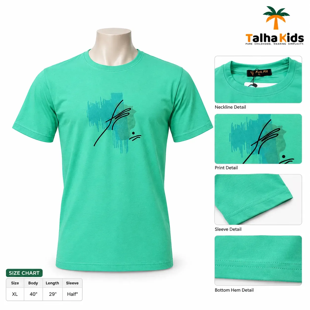 Boys' Half-Sleeve Round-Neck T-Shirt – Abstract Graphic Print – Mint Green – XL