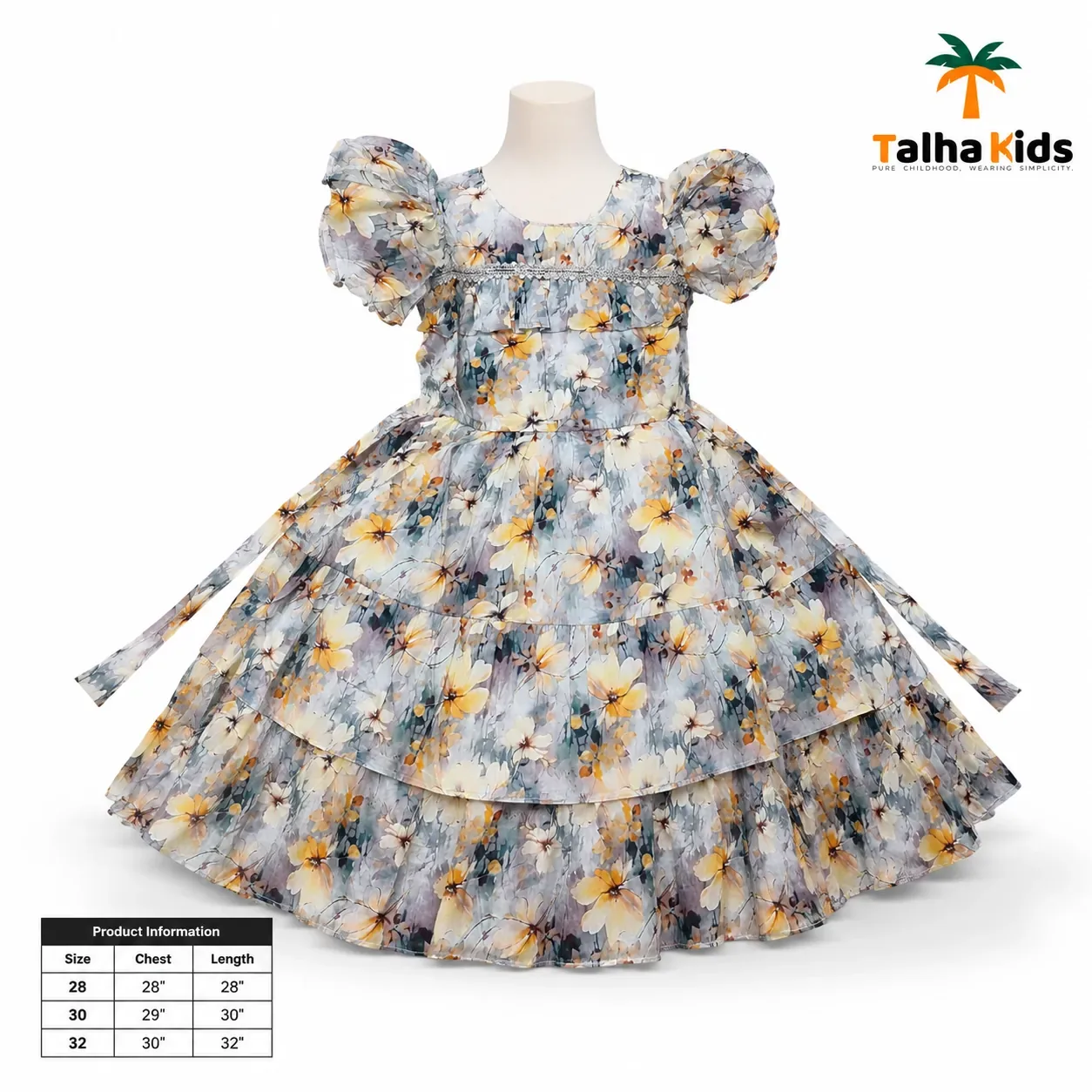 Alams Baby Wear Girls Floral Printed Tiered Frock – Puff Sleeve Party Dress