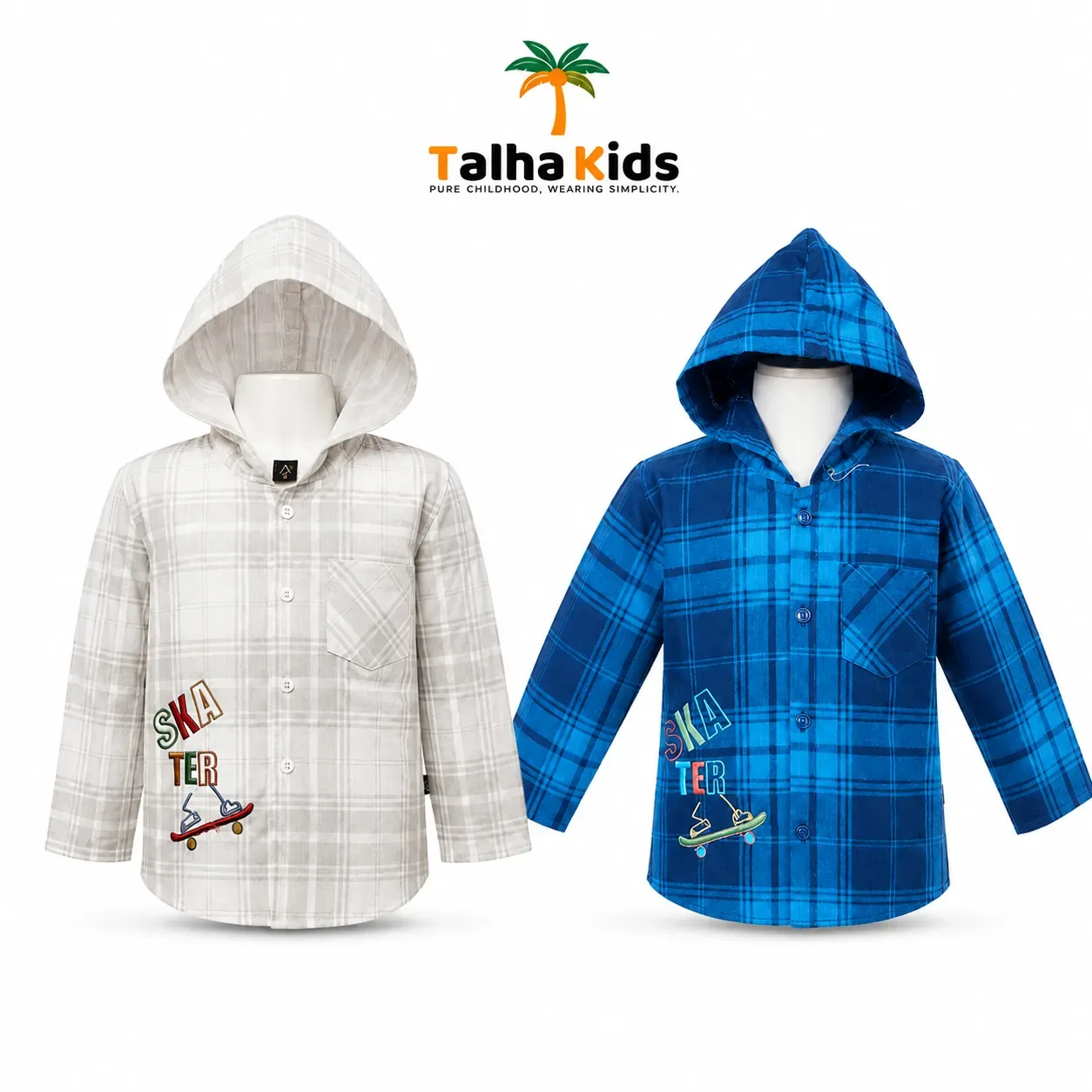 Kids Hooded Check Shirt – White & Blue