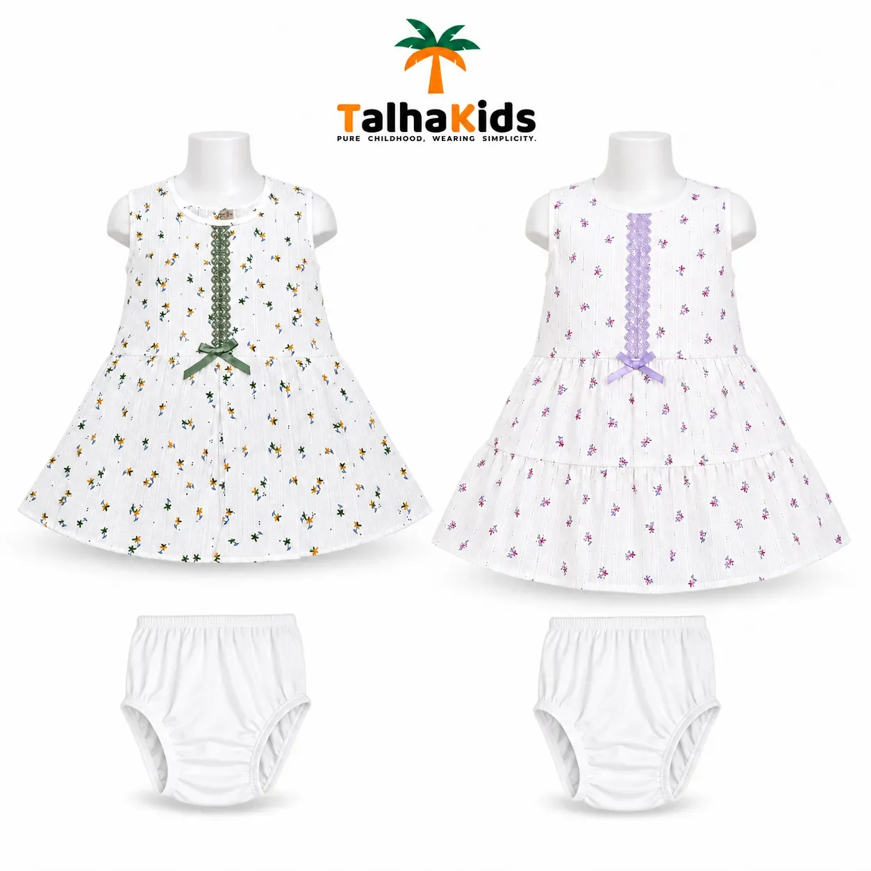 Talha Kids Girls Floral Printed Sleeveless Frock Dress with Embroidered Front Detail & Bow