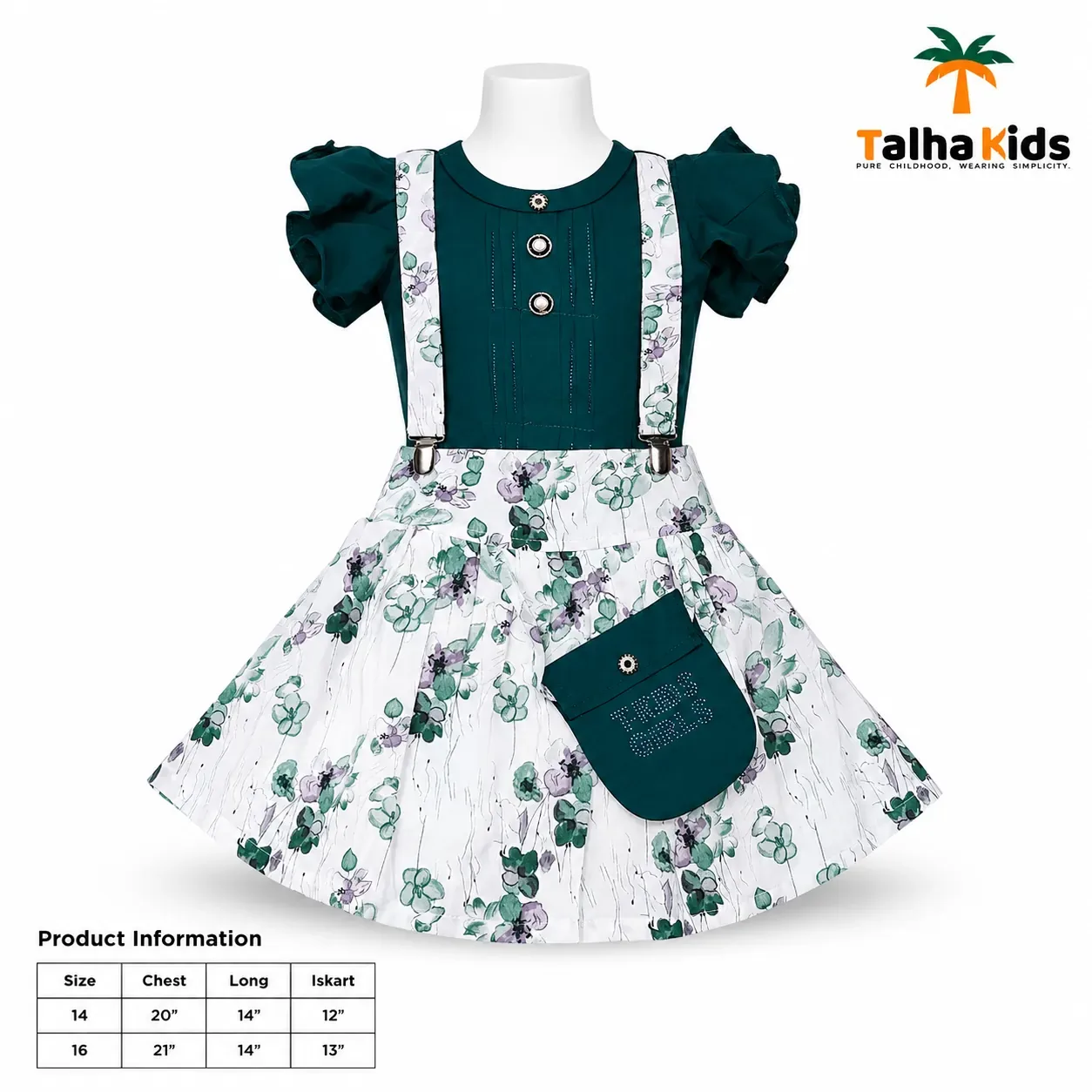 Girls’ Floral Suspender Frock Set – Puff Sleeve Dress with Matching Pouch